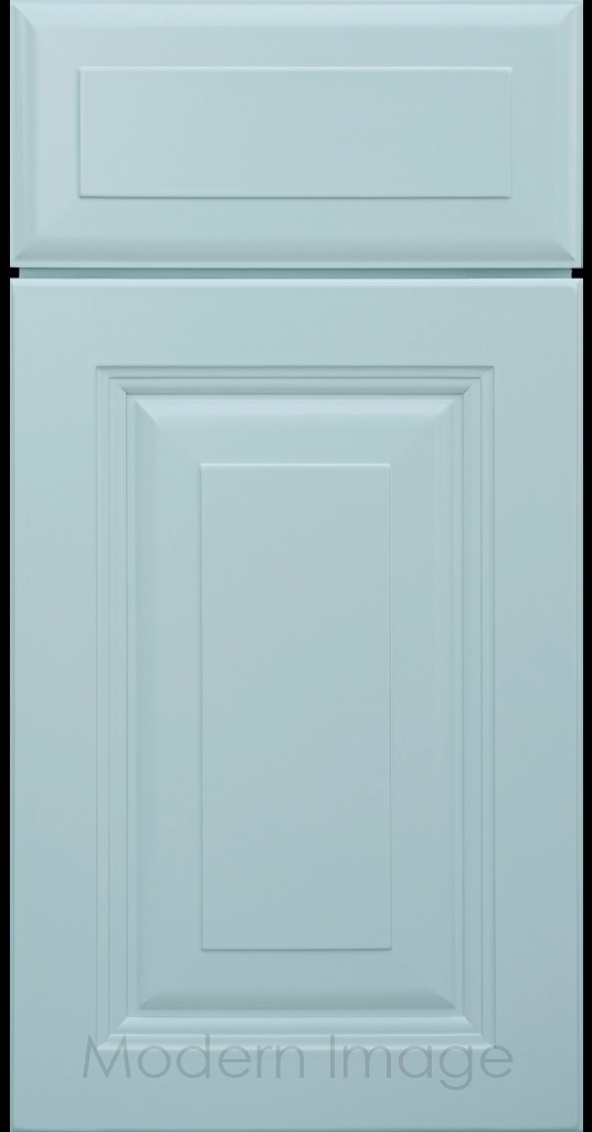 Durango raised panel cabinet door in a Niebla Azul color featuring a stepped molded frame.